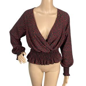 Nordstrom Bp Black Red Ditsy Floral Whimsigoth Peplum Blouse Top SZ M